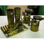2 First World War shell cases, and others and 2 blow lamps.