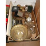 Decanters, brass pan scale, goblets, etc.