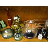 A Mdina glass flask and stopper, paperweight, fish ornament, etc.