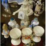 Continental figure, egg cups, half dolls and Oriental snuff bottles.