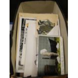 A box of various loose postcards including First World War and military.