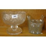 Early 19th century Waterford glass pedestal comport and a Waterford Piggin.