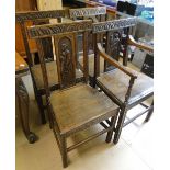 A set of 4 Antique oak dining chairs, with figural carved panelled backs, (3+1).