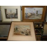 3 Various 19th century watercolours and oil paintings, framed, (3).