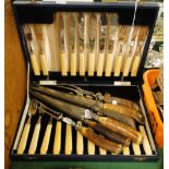 A cased Garrard & Co., fish service for 12 people, and 6 horn handled carving knives and forks.