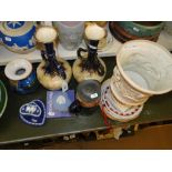 A pair of vases, Wedgwood Jasperware items and other decorative china.