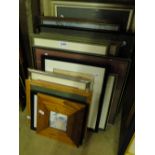 Gilt framed mirror, golfing prints and watercolours, etc.