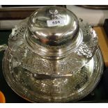 Silver plated muffin dish and cover, a Mappin & Webb plated comport, tray, etc.