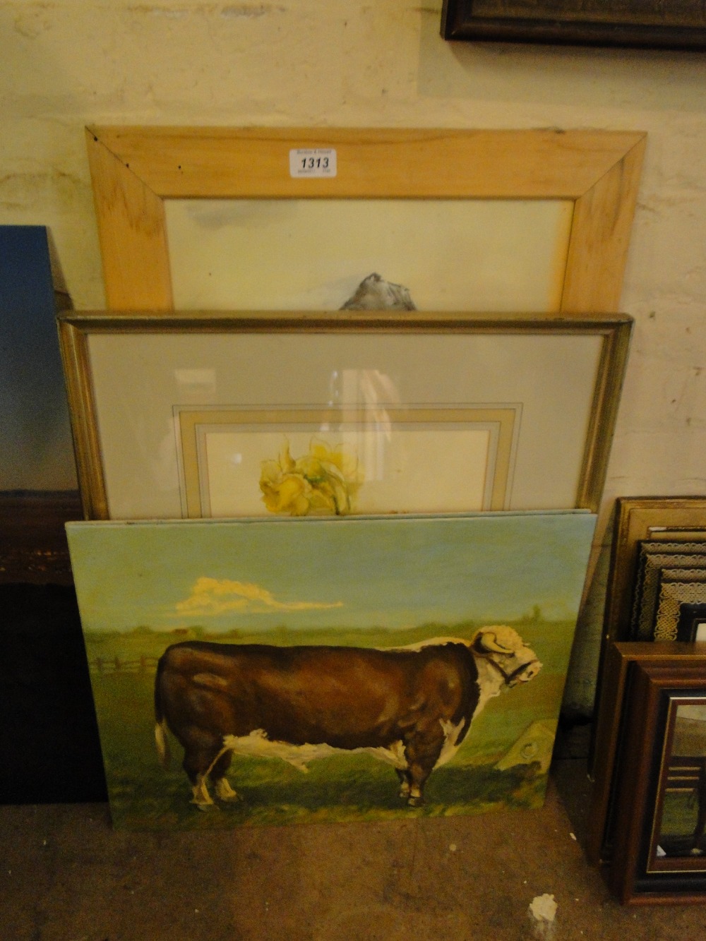 David Giffard, watercolour, study of flowers, pair of oils, study of bulls and another.