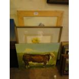 David Giffard, watercolour, study of flowers, pair of oils, study of bulls and another.