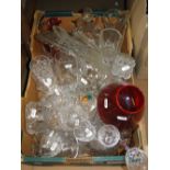Boxful of drinking glasses and other glassware.