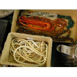 Quantity of marcasite and stone set beads and necklaces, (2 boxes).