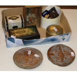 Oriental doll, copper crocodile desk weight, buckles and boxes.