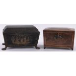 A 19th century chinoiserie painted and gilded lacquer box on giltwood lion paw feet,