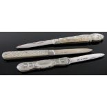 3 19th century silver and carved mother of pearl pocket knives.