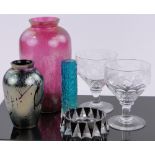 A group of glassware, including a pink iridescent textured glass vase, height 24cm,