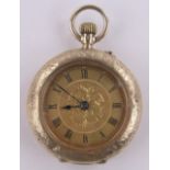 A Swiss 19th century 9ct gold topwind fob watch, engraved case and dial, case width 31mm.
