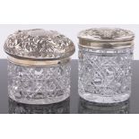 2 Similar hobnail cut-glass toilet jars with embossed silver tops, (2).