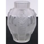 A Desna Art Deco moulded frosted glass vase, with relief stylised figures, etched signature,