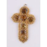 Antique unmarked gold citrine set cross pendant, length excluding bale 40mm.