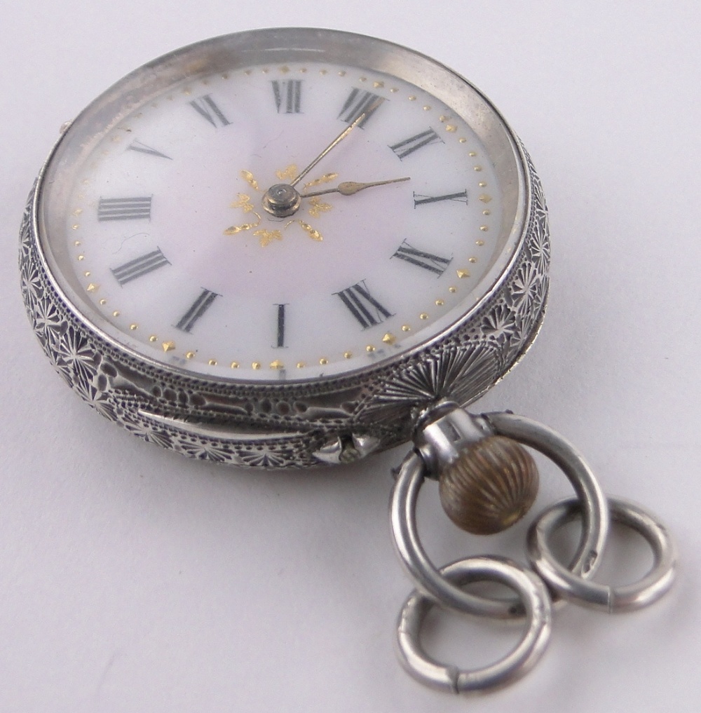 A Swiss silver cased topwind fob watch, enamelled dial, serial no. 19067, case width 34mm. - Image 2 of 5