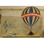 A large American woolwork wall hanging, depicting hot air balloon passing the Statue of Liberty,