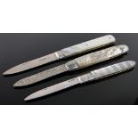 3 19th century silver and carved mother of pearl pocket knives.