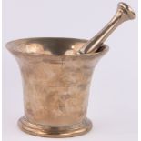 An Antique bronze pestle & mortar, height 13cm, diameter 15.5cm.