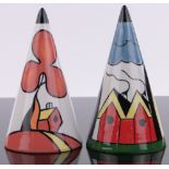 2 Lorna Bailey conical shaped sugar shakers, height 14cm.