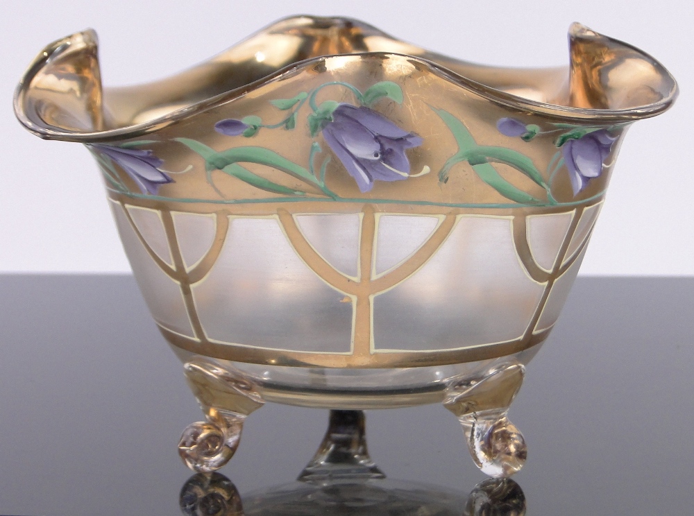 A continental painted and gilded glass bowl, circa 1920s with frilled rim, diameter 17cm.