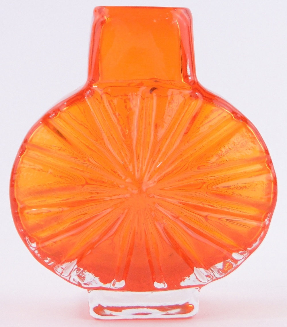 A Whitefriars glass sunburst vase, designed by Geoffrey Baxter, tangerine orange, pattern no.