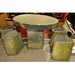 A solid granite 5-piece garden set, with original weathered outer edges and polished tops,