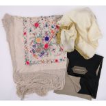 A Chinese silk embroidered shawl, floral decoration with fringe and 2 other textile shawls, (3).