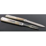 An Edwardian silver and mother of pearl travelling knife and fork, hallmarks Sheffield 1907,