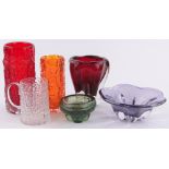 A group of Whitefriars glass, including a large red bark vase, height 23cm, (6).