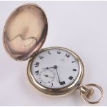 An Omega Swiss gold plated full hunter topwind pocket watch, case width 50mm, working order.