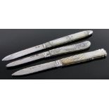 3 19th century silver and carved mother of pearl pocket knives.