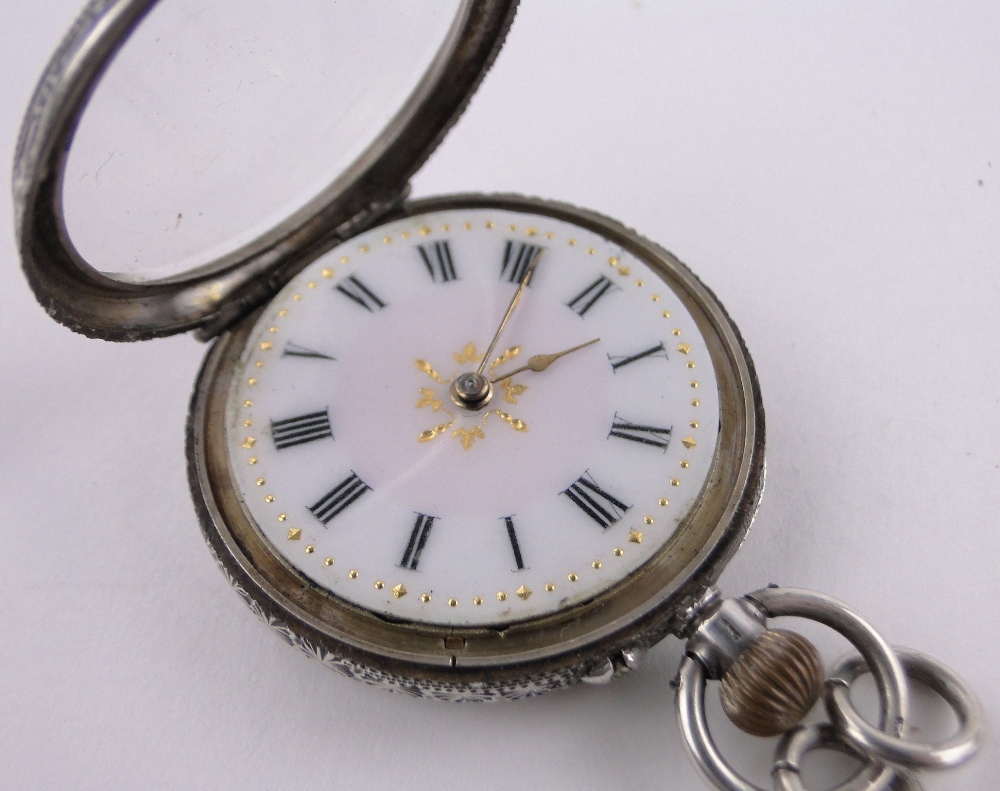 A Swiss silver cased topwind fob watch, enamelled dial, serial no. 19067, case width 34mm. - Image 5 of 5