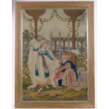 A Victorian woolwork embroidered picture, depicting Shakespearian figures, gilt framed,