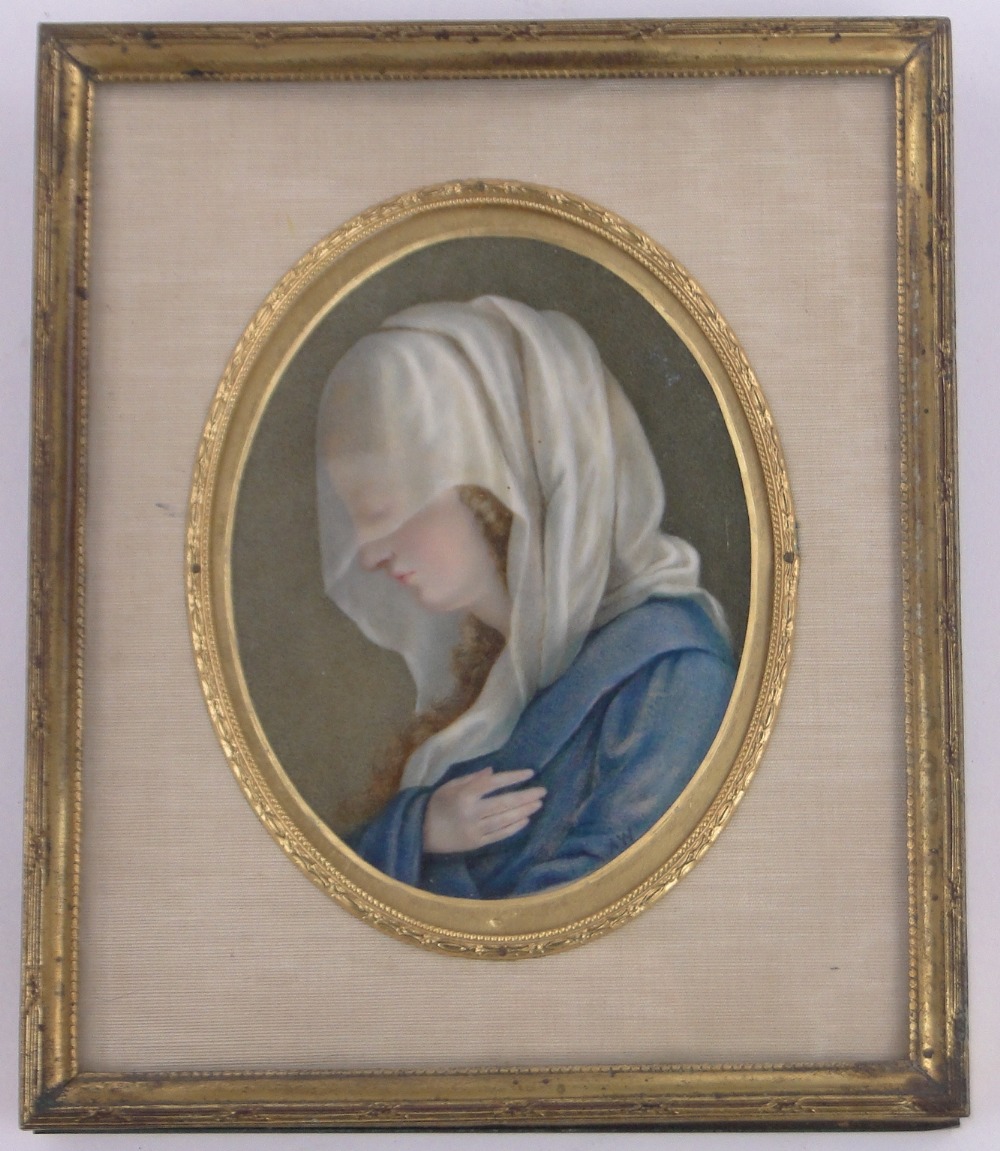 A 19th century miniature watercolour on ivory, study of a woman wearing a veil,