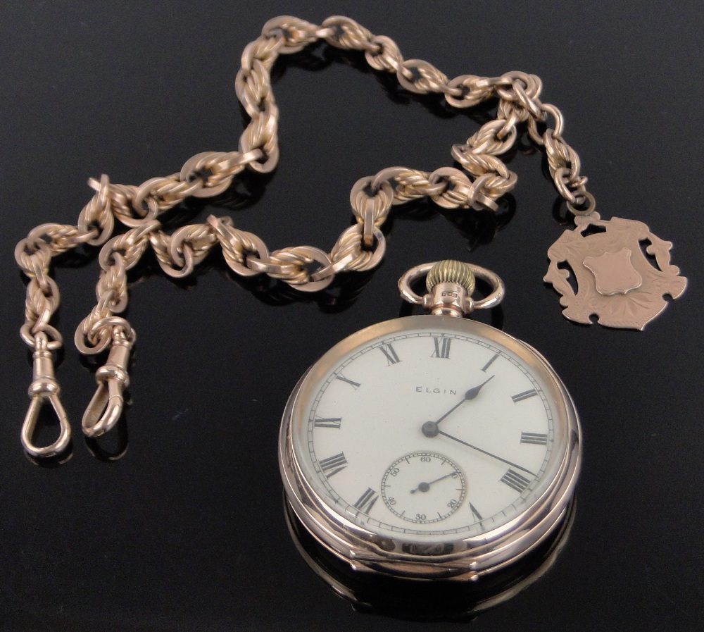 A 9ct gold Elgin open face pocket watch, enamelled dial with subsidiary second dial, serial no.
