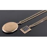 A 9ct gold locket on gold chain, and 9ct sapphire pendant on gold chain, 12.7g total.