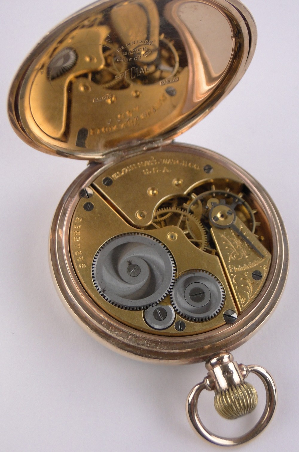 A 9ct gold Elgin open face pocket watch, enamelled dial with subsidiary second dial, serial no. - Image 5 of 5