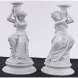 Pair of continental porcelain candlesticks supported by classical figures, height 25cm.