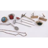 Box of various jewellery including 9ct gold swivel fob seal, Victorian and later jewellery.