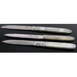 3 19th century silver and carved mother of pearl pocket knives.