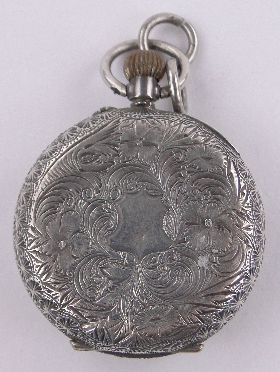 A Swiss silver cased topwind fob watch, enamelled dial, serial no. 19067, case width 34mm. - Image 3 of 5