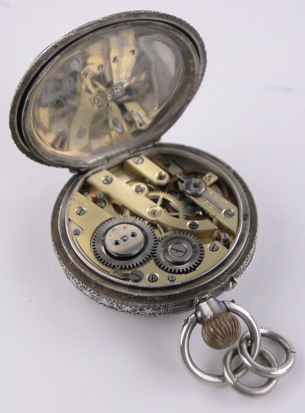 A Swiss silver cased topwind fob watch, enamelled dial, serial no. 19067, case width 34mm. - Image 4 of 5
