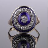 A 19th century diamond and blue enamel set circular panel ring, unmarked gold settings,