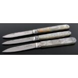 3 19th century silver and carved mother of pearl pocket knives.